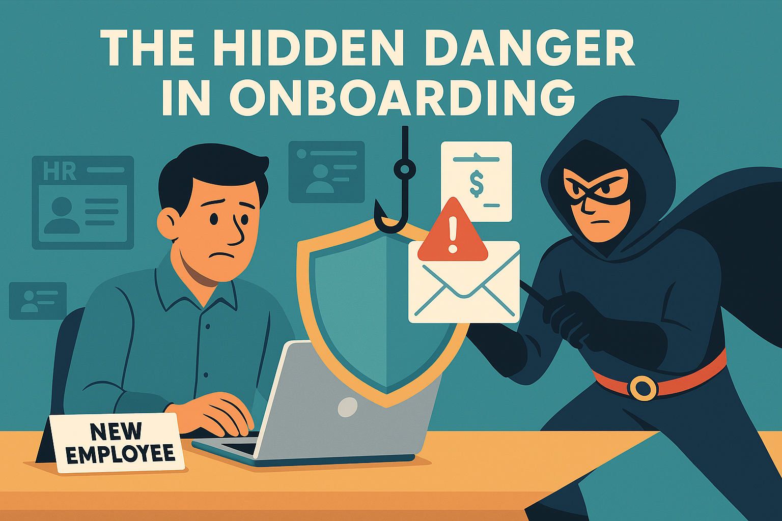 New employee at a laptop during onboarding, protected by a glowing shield while shadowy supervillain elements—phishing hook, fake HR portal, and CEO‑spoofed email—hover nearby. Symbolizes defending new hires from cyber threats.
