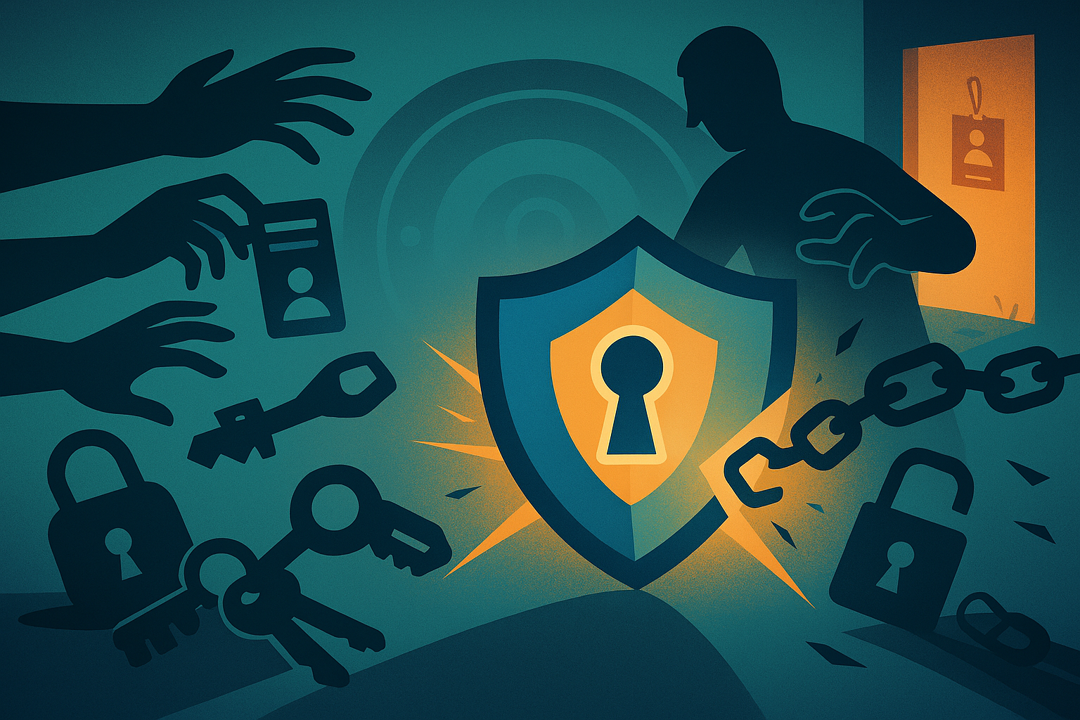 Abstract glowing data vault at center. A geometric shield with a keyhole motif stands between the vault and shadowy hands reaching in with oversized keys, access cards, and link chains.