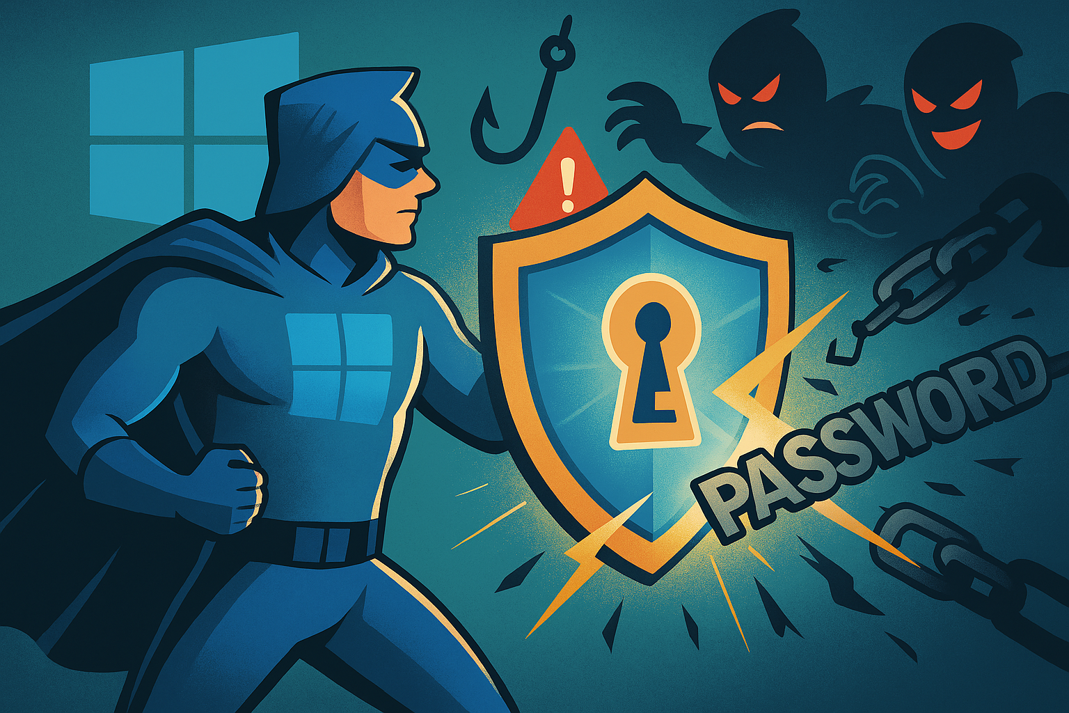 New‑hire style hero holding a glowing passkey shield in front of Windows‑like panes while cyber villains throw phishing hooks and password chains that break on impact. Symbolizes passkeys replacing passwords in Windows.