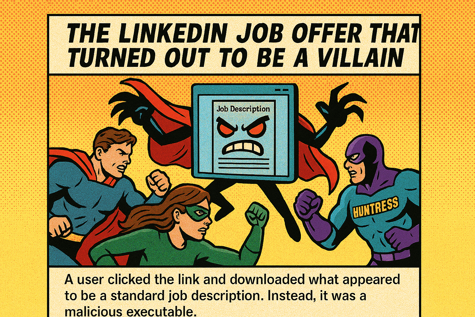 A comic‑style scene of a security hero blocking a malicious job description link while a laptop flashes an alert. Side panels depict a scheduled task icon and a cloud folder to show persistence. A caution tag reads “No admin rights needed."
